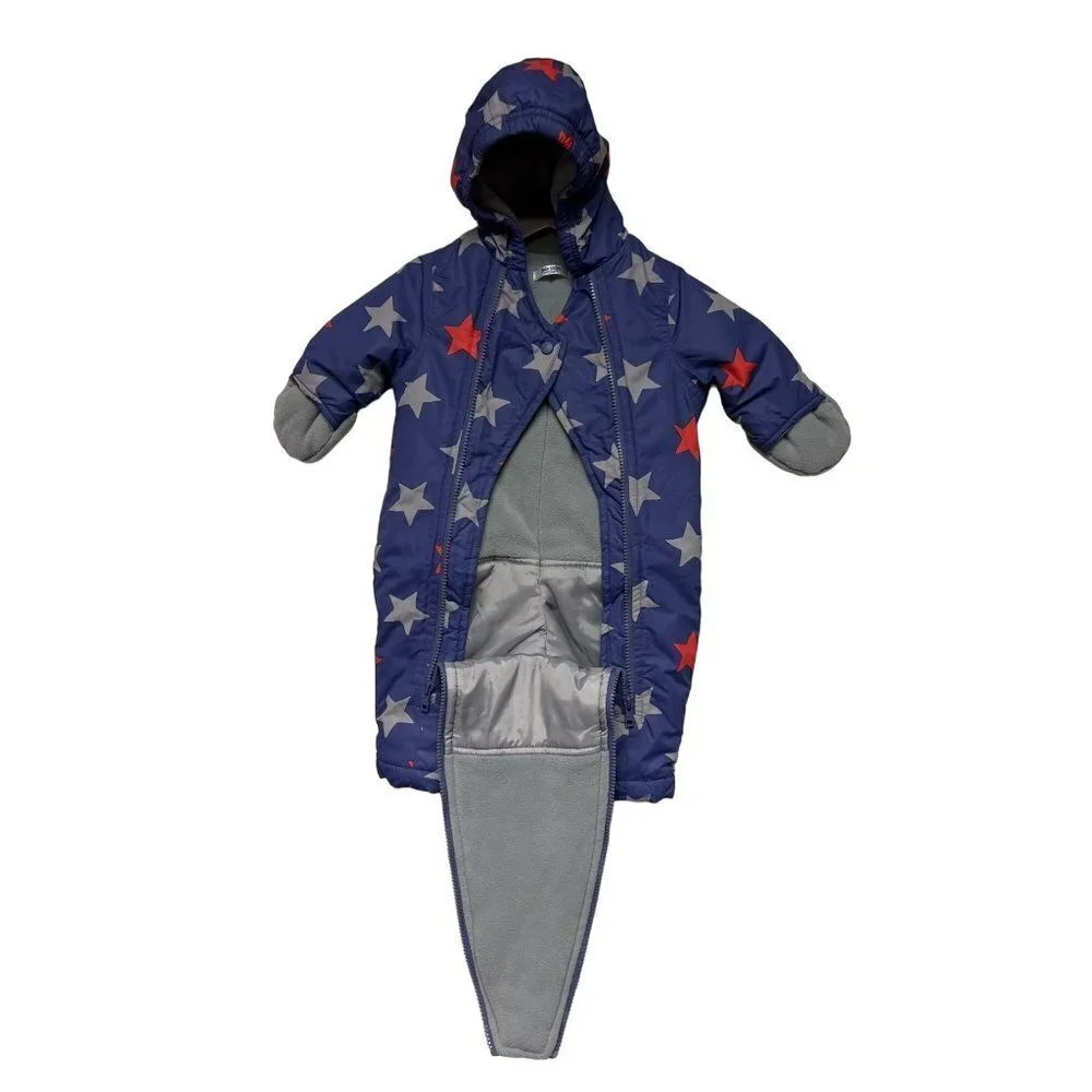 Baby Boden Blue Stars Hooded Bunting Snowsuit Fleece Lining Infant Size 3 - 6 Mo